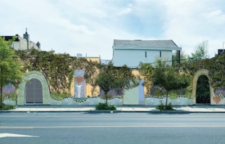 rendering of facade showing trees and green vines along a painted wall next to a sidewalk